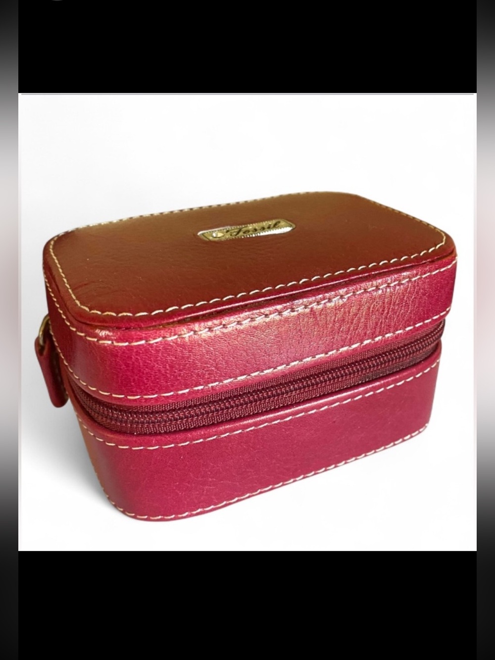 Fossil Red Leather Jewelry Box with zip around closure ring necklace and earring